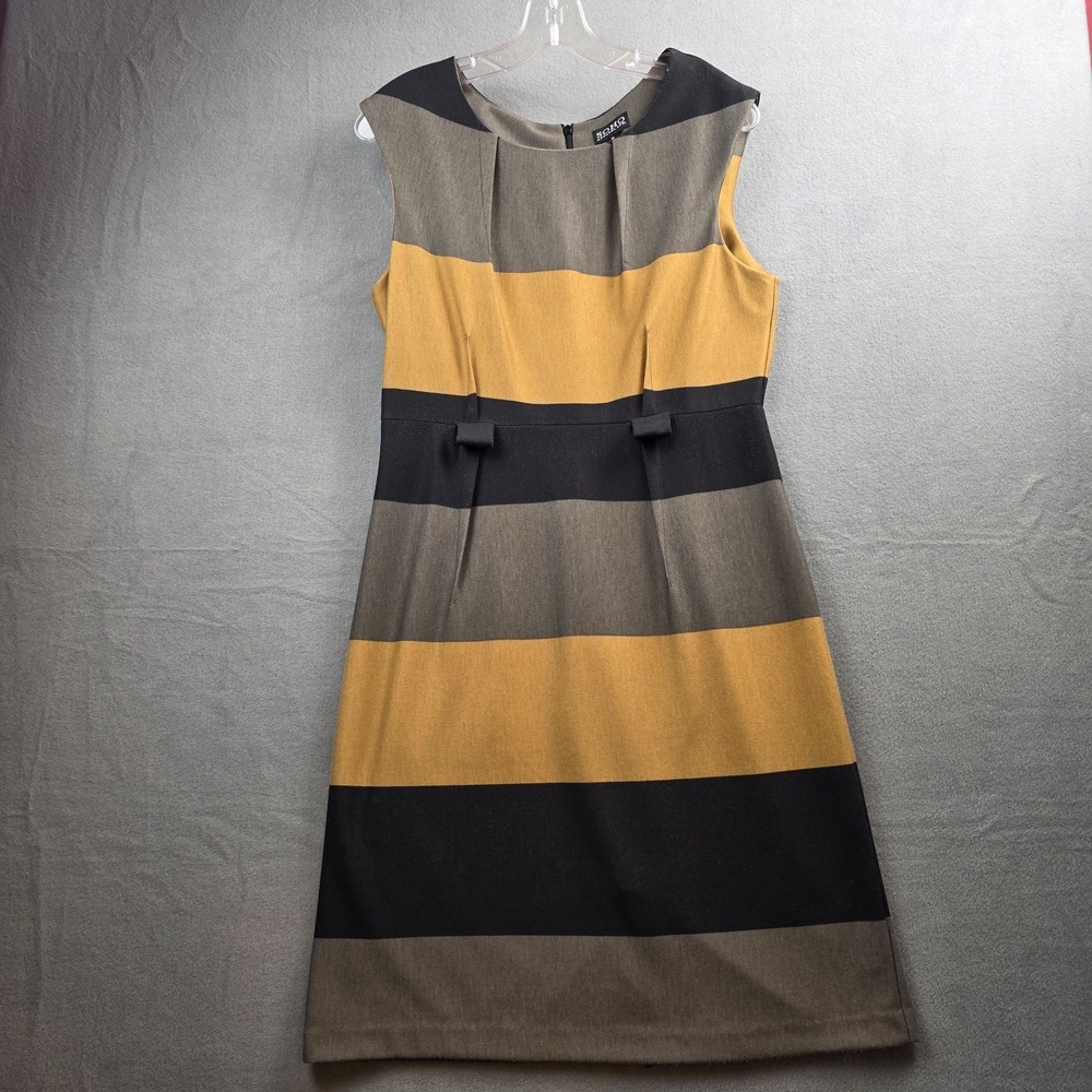 SOHO Apparel Women's Size 10 Colorblock Black Gray Gold Belted Sheath Dress